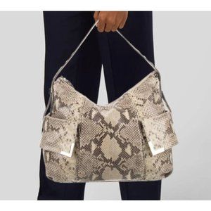 MICHAEL KORS BEVERLY PYTHON CREAM/BLACK EMBOSSED LEATHER DESIGNER SHOULDER BAG